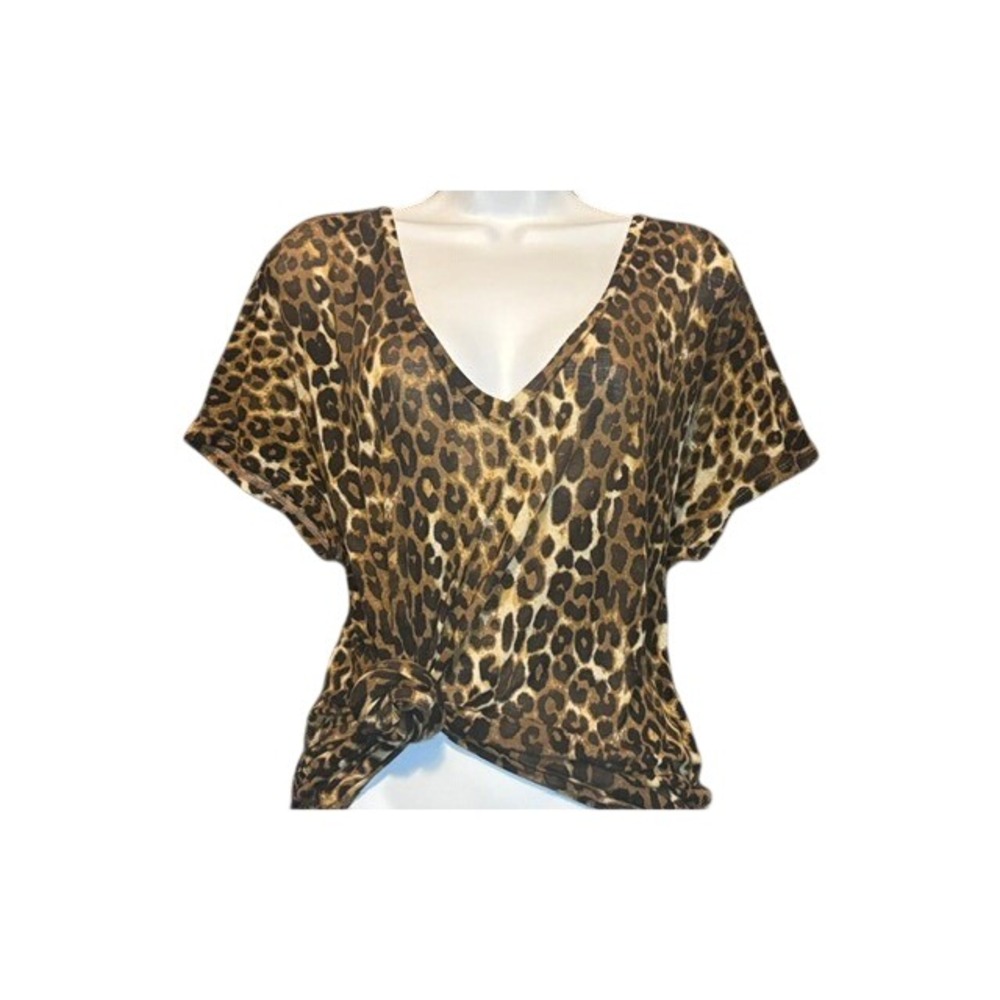 Express Womens Leopard Print V-Neck Short Sleeve High Low Top Brown Black Medium